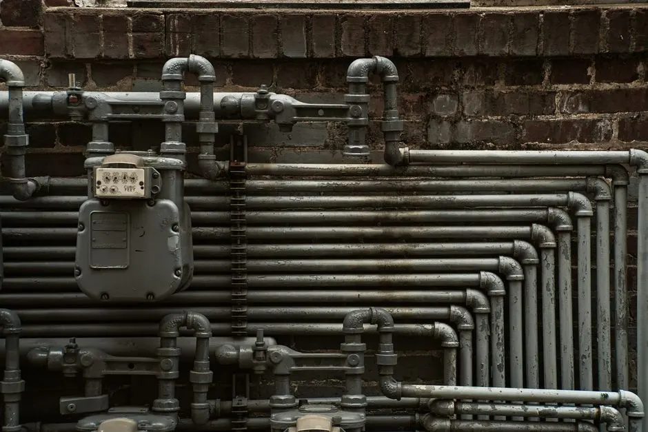 Detailed view of industrial steel pipes and a gas meter on a brick wall.