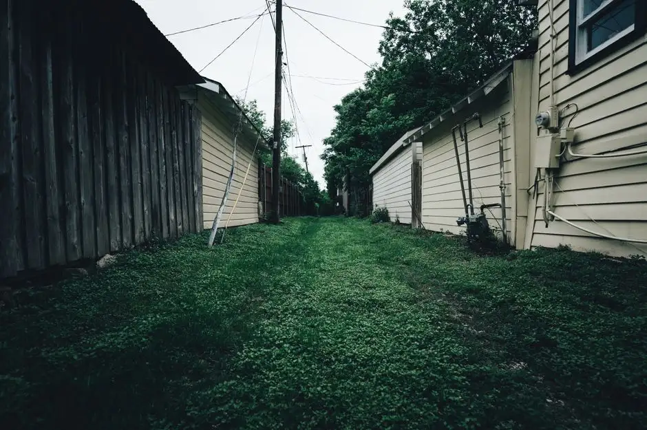 Rustic alleyway with grass pathway between wooden and metal fences in a residential area.