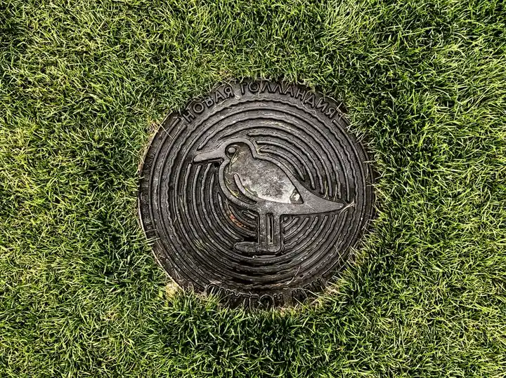 Top view of a steel manhole cover with bird design surrounded by green grass in Sankt-Peterburg.